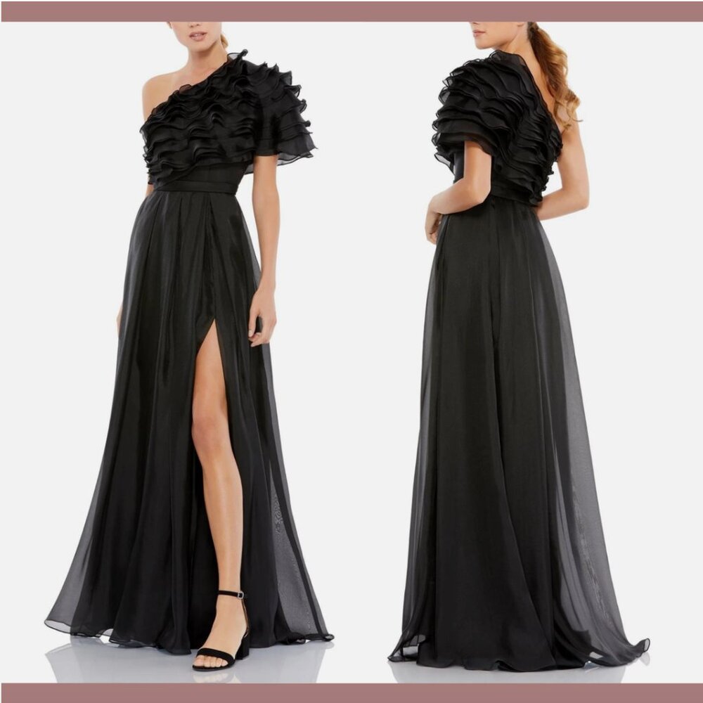 NEW $498 IEENA Mac Duggal [ 8 ] Ruffle Layered One Shoulder Gown in Black‎ #Q765